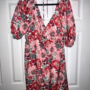 SHEIN Pink Floral Puff Sleeve Mini Dress